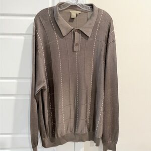 Tulliano Silk Blend Brown Collared Sweater with Check Pattern XL Big & Tall